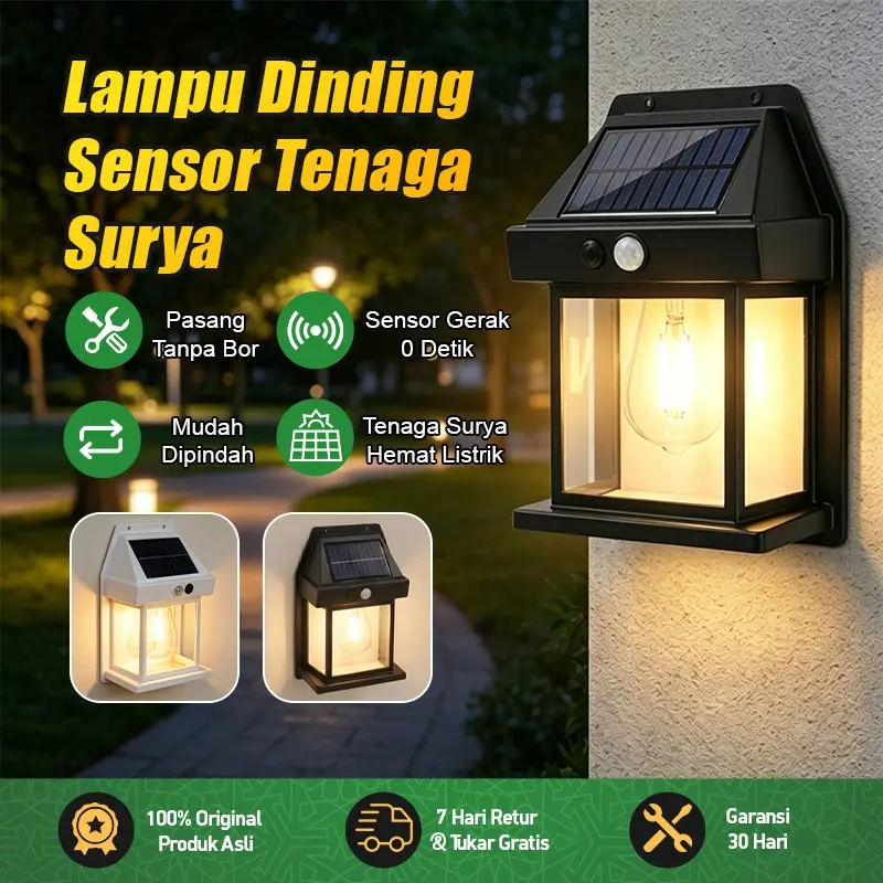 HOMMO Lampu Outdoor Tempel Solar Cell HOMMO Retro 270° Sorot Hangat 600LM + Sensor 3 Mode Gerak – Waterproof IP65, Black/White Minimalis LJ613 Hitam Putih