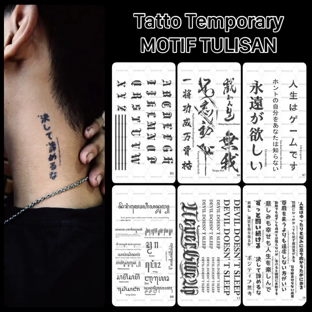 HN ~ Stiker tato temporer Seri Tulisan / Tato temporary anti air Seri Variasi Kode Tulisan / Tato semi permanent Variasi Tulisan