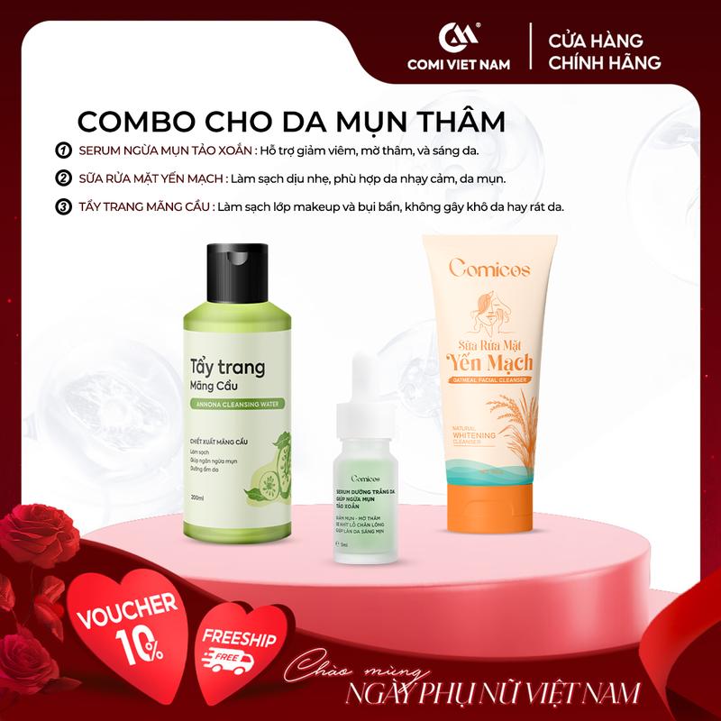 Combo 3 món chăm sóc da mụn: 1 Serum Mụn Tảo Xoắn (5ml) + 1 Sữa Rửa Mặt Yến  Mạch (100ml) + 1 Nước Tẩy Trang Mãng Cầu (200ml). Hỗ Trợ Giảm Mục