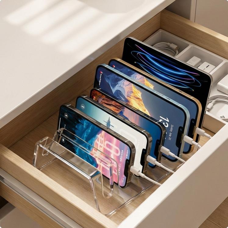 Hộp Đựng Điện Thoại Nhiều Ngăn Acrylic Trong Suốt – Giá Đỡ Đa Năng, Sạc Nhiều Máy Cùng Lúc, Gọn Gàng Để Bàn,hop,thùng đựng đồ,thung,khay,lơ,slime,mutt,gốm,phi,đĩa