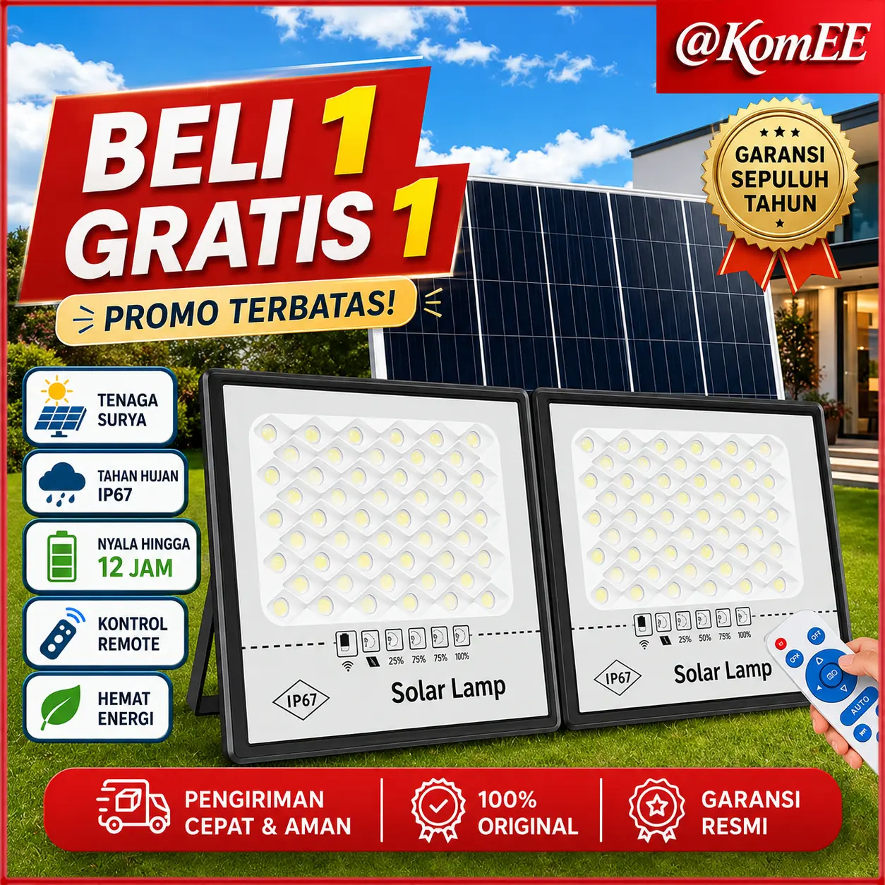 [Garansi 3 tahun] BELI 1 GATIS 1 ESSONIO Super terang Lampu tenaga surya outdoor solar Tahan air lP67 LED