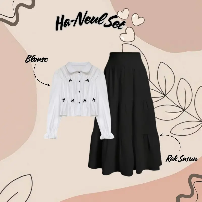 Ha-Neul Set Korean Style | Setelan One Set Remaja Kekinian Korea | One Set Blouse Rok Susun | Outfit Wanita Remaja Kekinian | Outfit Dewasa Formal/Non Formal | 2