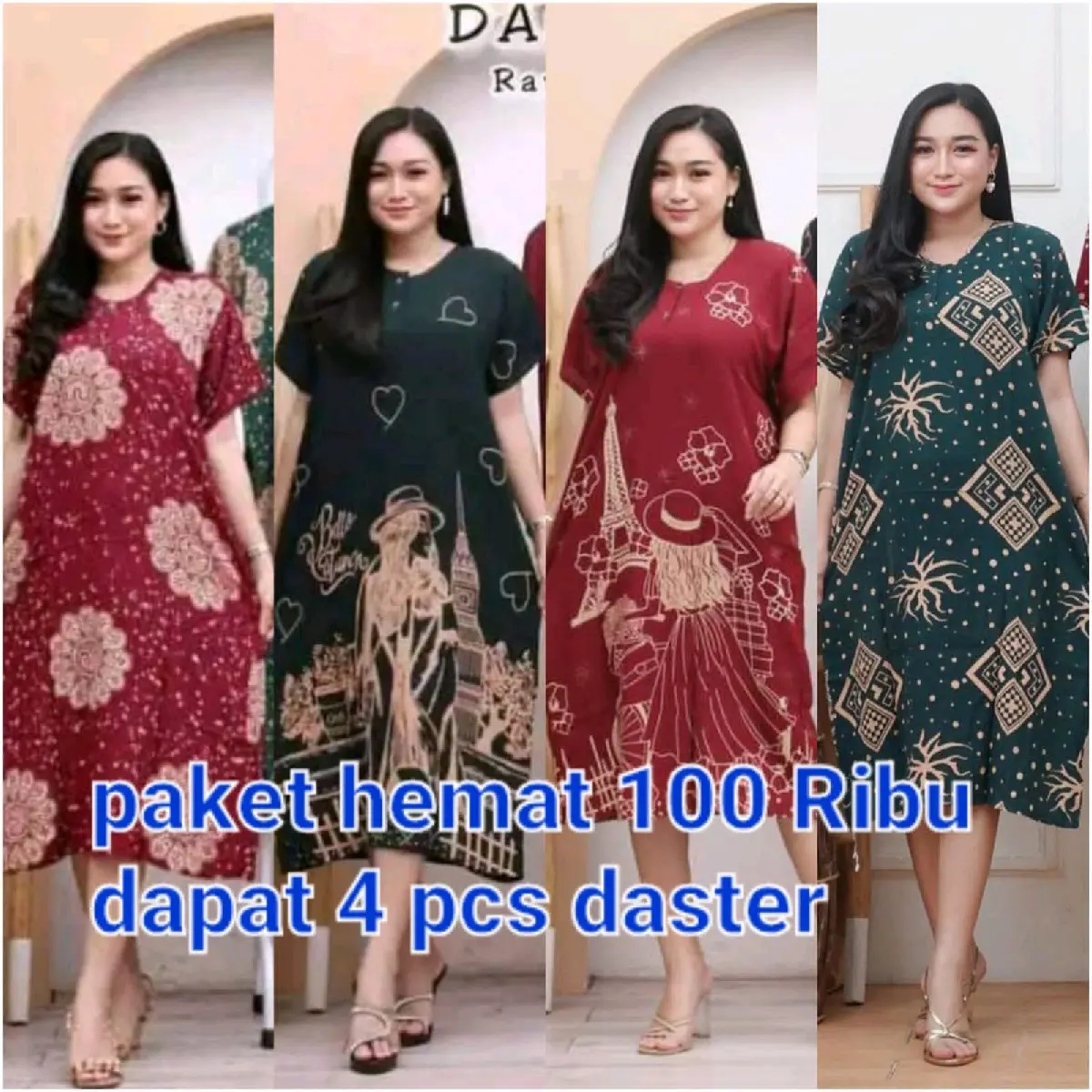 paket hemat 100 Ribu dapat 4 pcs daster motif,canting,laura cinta,laura bunga,hasna