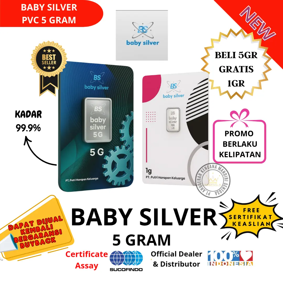 Logam Mulia Baby  Silver Fine Silver Press PVC 5 Gram Bar Perak Batangan Asli Murni Original