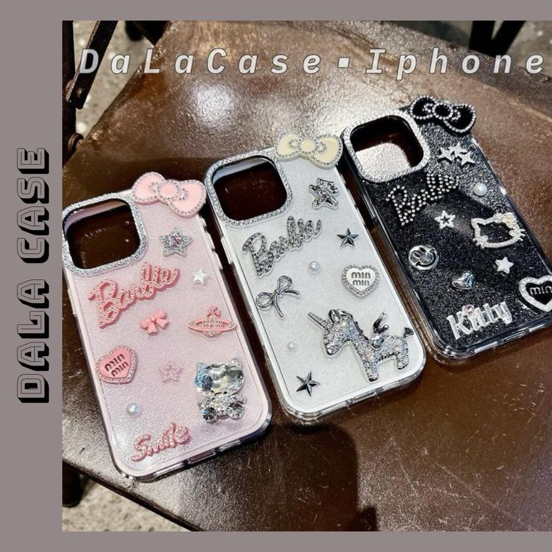 Ốp Lưng Nhũ 2 Lớp Hồng Kem Đen Charm Bae Nơ Kitty