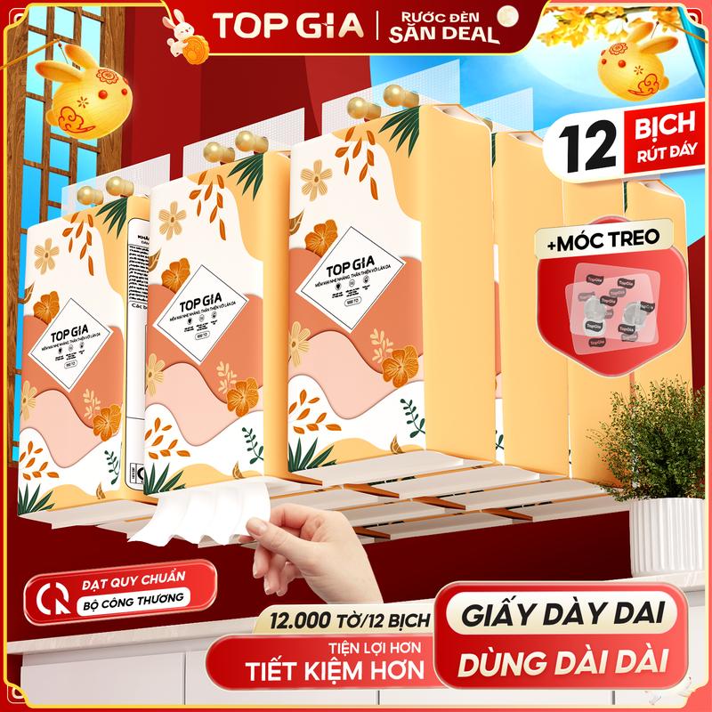 (COMBO 12 BỊCH SIÊU TIẾT KIỆM) Thùng 12 Bịch Khăn giấy cao cấp Tiểu Hạ TOPGIA 4 lớp mềm mịn, an toàn, lành tính + Tặng 4 móc treo  ĐẠT QUY CHUẨN CỦA BỘ CÔNG THƯƠNG VTG86