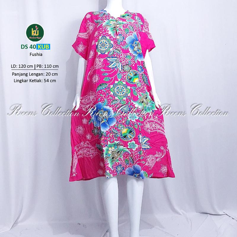 Kencana Ungu Daster 40 KUB Label Biru | Daster Tangan Pendek Di Bawah Lutut Leher Bergelombang 3 Kancing Depan Batik Busui 3