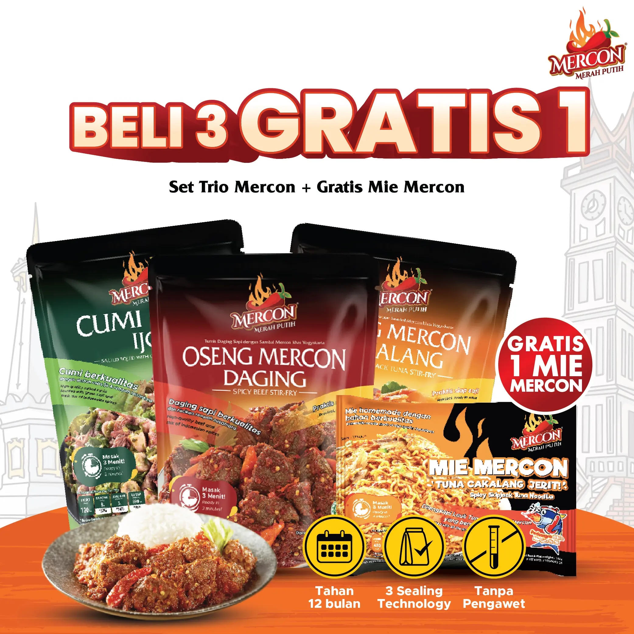 [ BELI 3 GRATIS 1 ] Hanya Di Live - Mercon Merah Putih - Set Trio Mercon isi  3 Pack Lauk Pedas Siap Saji (DAGING, CUMI CABE IJO, CAKALANG) + GRATIS MIE MERCON CAKALANG