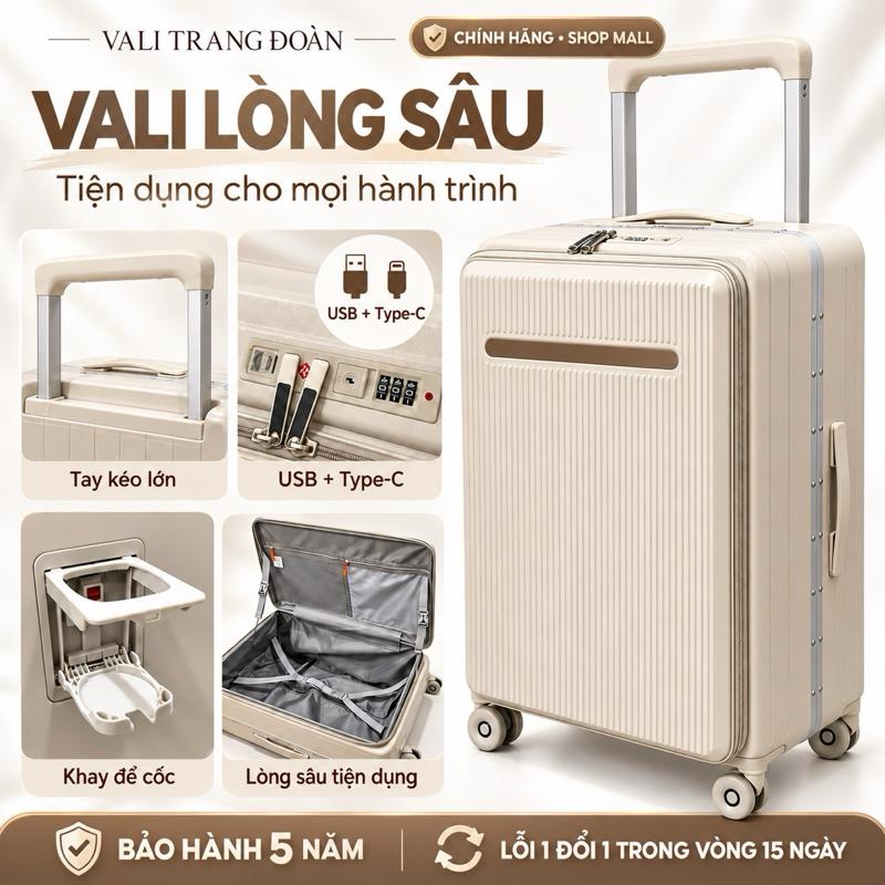 [DEAL MỞ BÁN] Vali Khung Nhôm Sâu Lòng Nắp Mở Ngang 1-9 có cổng sạc kép USB-Type C - Khóa Kéo 2 Lớp Chống Rạch, Nhựa PC Chống Vỡ Cao Cấp, có cổng sạc USB, khóa bảo mật - TĐ1919