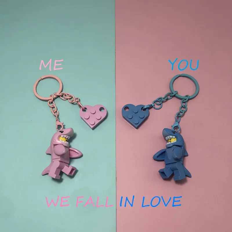Blue Shark and Pink Shark Compatible Building blocks Keychain School Bag Pendant Chain Minifigure Building Blocks Couple Gift Toy
