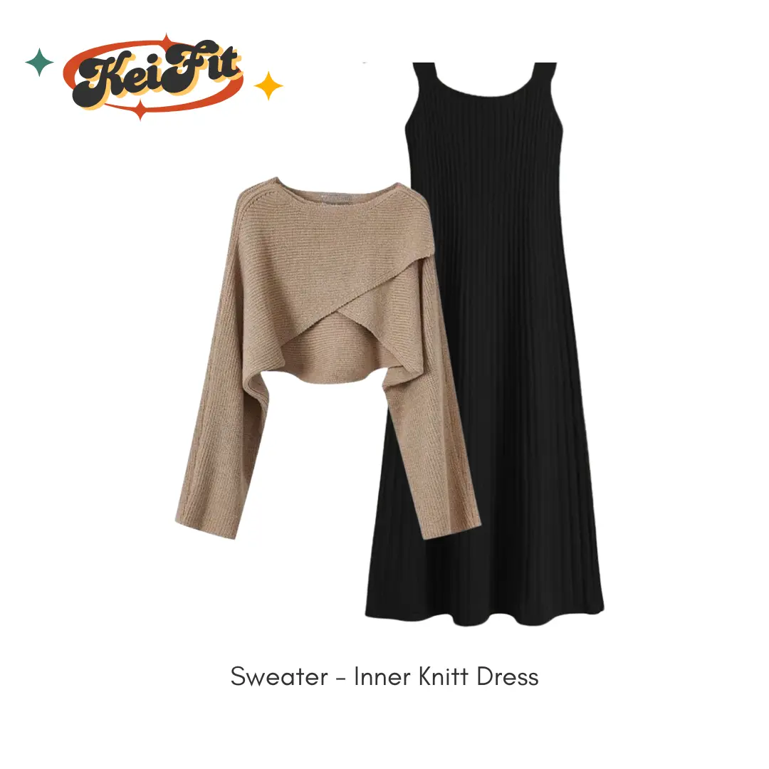 Set 2in1 Ellie Setelan Kekinian ala Korea - Inner Dress Hitam dan Sweater rajut Silang import Korea untuk Wanita  Atasan Baju casual outfit one set vintage stelan oversize one set rumahan korean style Santai