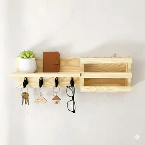 Rak Dinding Kayu Minimalis dengan Gantungan Kunci dan Tempat HP untuk Ruang Tamu dan Kantor