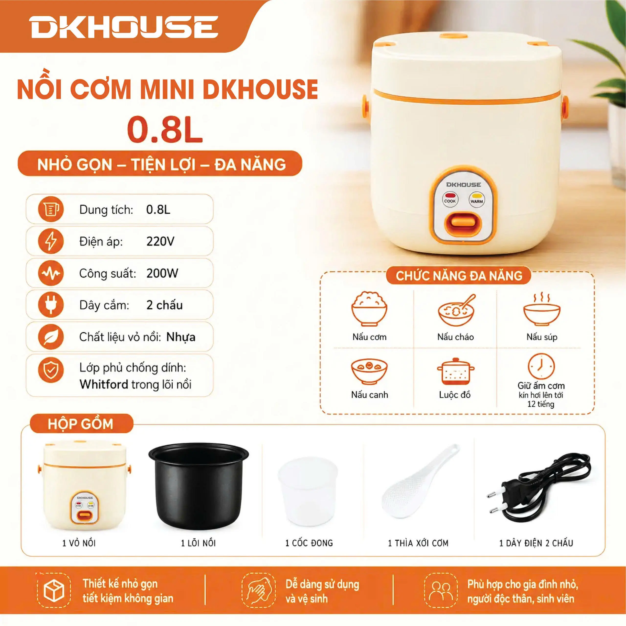 DKHOUSE Nồi Cơm Mini Đa Năng 0.8L, Công Suất 200W, Siêu Bền, Tiết Kiệm Điện, Phù Hợp 1-2 Người Ăn