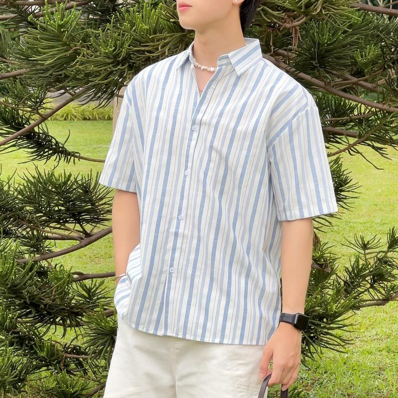  Áo Sơ Mi Tay Ngắn Cổ Bẻ Phối Kẻ Sọc Brand HB Chất Liệu Cotton Thấm Hút SM32 áo sơ mi nam caro tay dài 