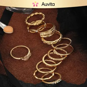 Auvita (12 PCS) Set Cincin Gold Wanita Vintage Jewelry Rings Cincin Crystal Fashion