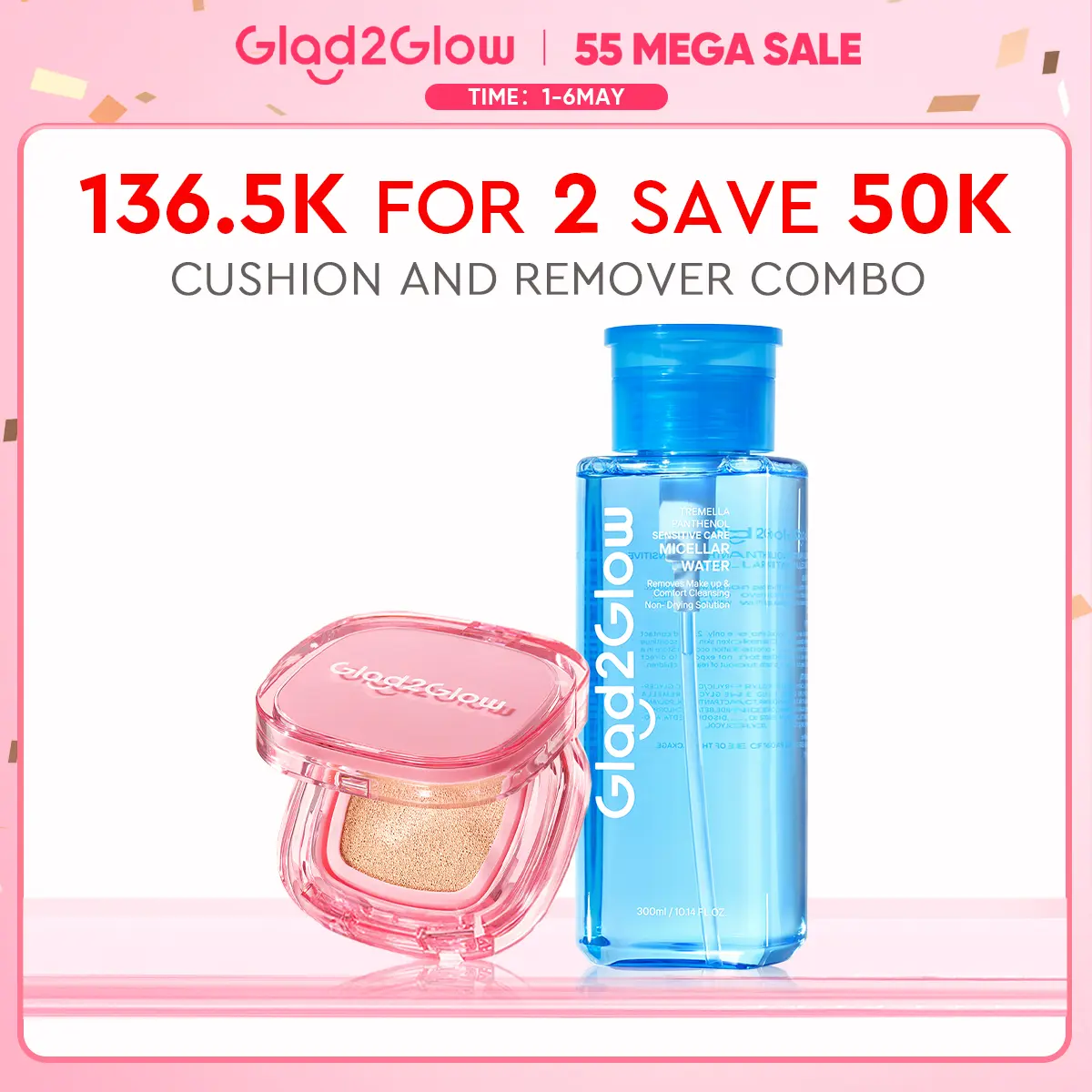 【Hero combo】Glad2Glow Cushion&Remover 2 in 1 cushion 02+micellar water perfect cover makeup set dengan kandungan skincare mencegah kekusaman dan kulit kering sepanjang hari G2G