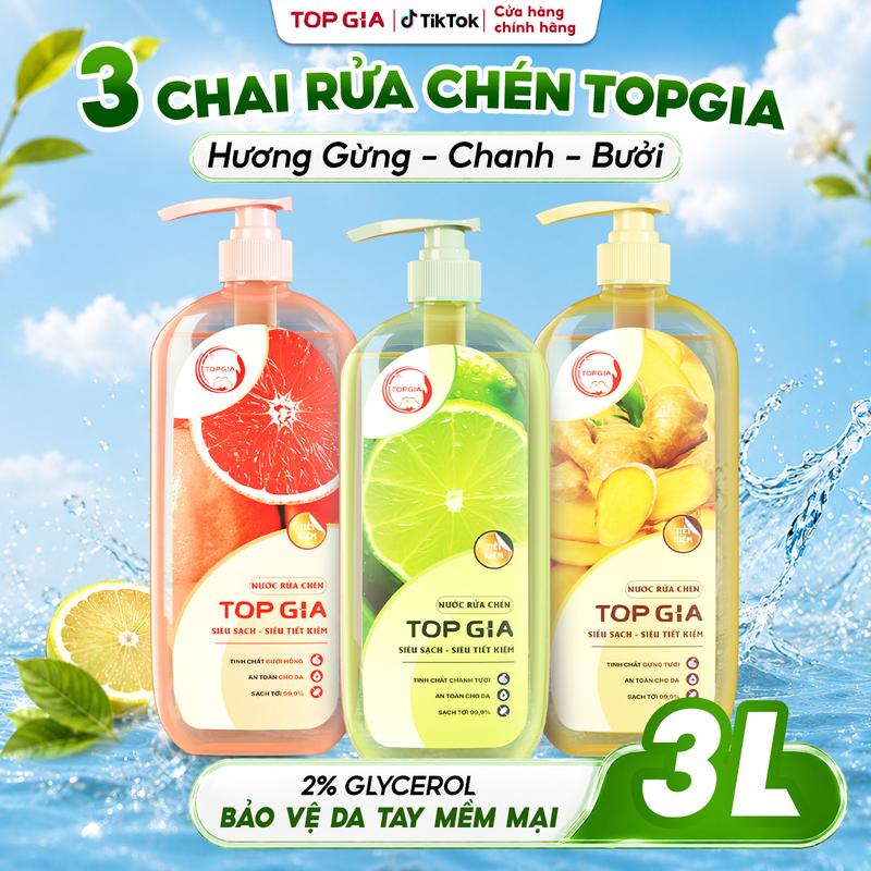 COMBO 3 Chai 3KG Nước Rửa Chén TOPGIA 3kg Mùi Chanh, Bưởi Và Gừng, Làm Sạch Dầu