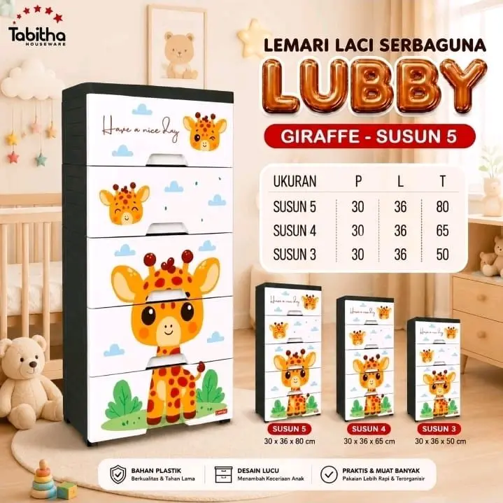Tabitha Lemari Laci Serbaguna Lubby Giraffe Susun 5 4 Dan 3 Bahan Plastik Desain Lucu Praktis Dan Muat Banyak