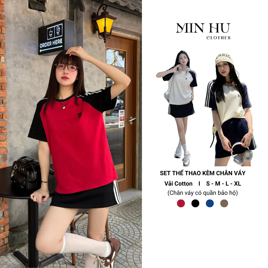 [SB01] Set thể thao nữ sport MINHU CLOTHES áo và chân váy xinh (có big size) phối sọc chất Thun cotton mềm mịn, thiết kế tôn dáng, năng động thích hợp tập thể dục, chạy bộ, Tập Gym