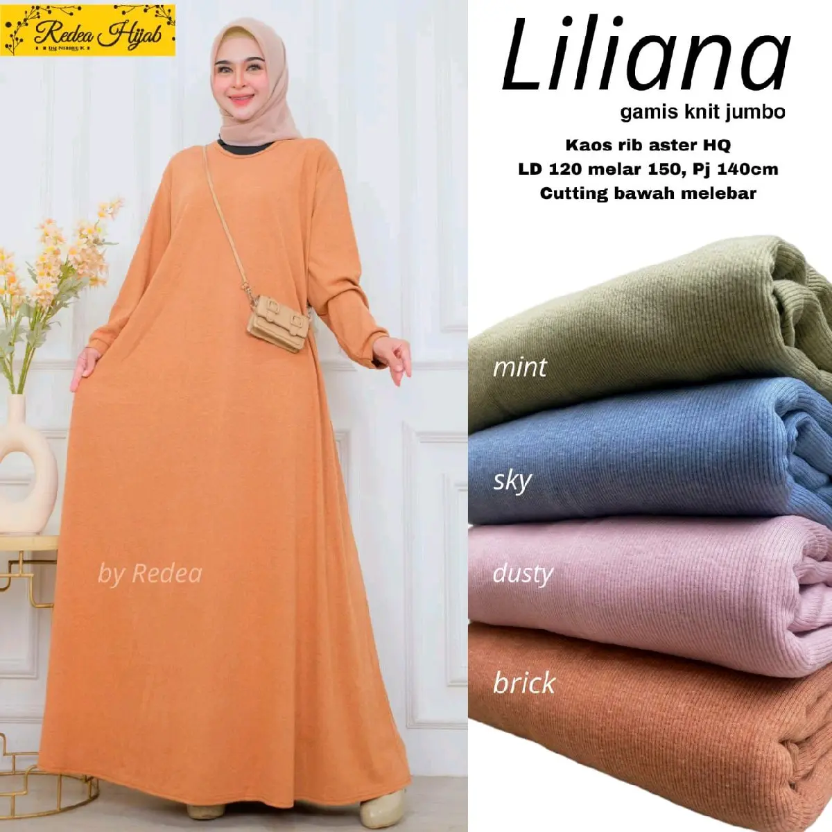 Liliana Muslim Dress Knit Jumbo Bahan Kaos Rib Aster HQ LD120 melar 150cm PB 140 cm Gamis Wanita Polos Elegan