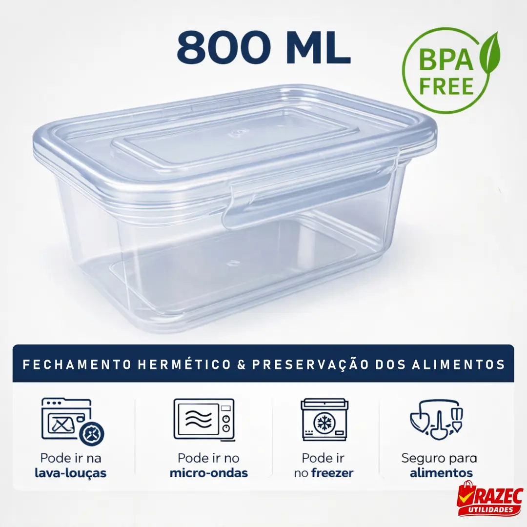 Kit Com 12 Potes 800ml Tampa Com Trava Lavável Microondas Freezer Marmita Fitness Durável BPAFree