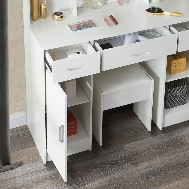 White Dressing Table with Adjustable LED Lights Mirror 3 Color Temperatures Vanity Desk with 3 Drawers and 2 Cabinets Large Makeup Desk Bedroom Dresser 8