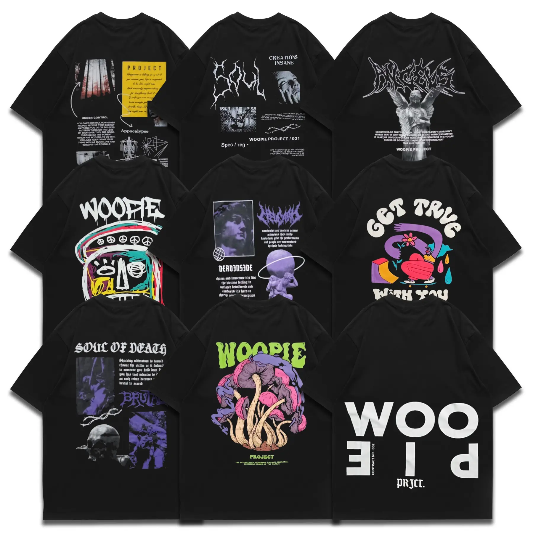 Kaos Distro Series Woopie Project Variasi Motif Skena Style Vintage Sablon T-shirts Trend Cowok Cewek Baju Pria Wanita Keren Katun Combed Nyaman Atasan Dewasa Hitam Bandung