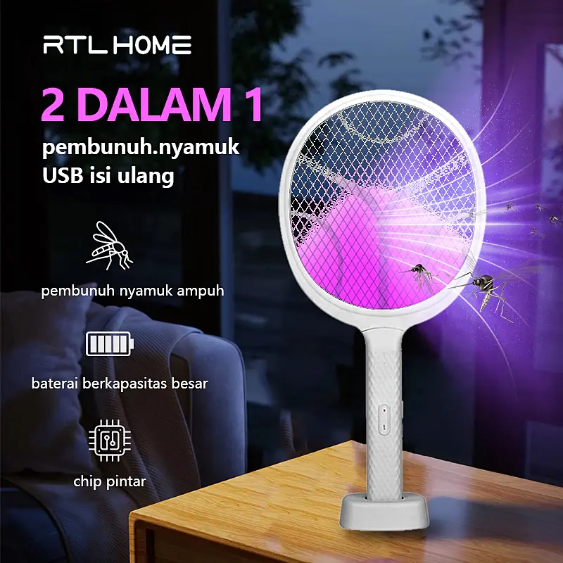 Raket Nyamuk Elektrik Cas Ori Tahan Lama Murah Awet Charger Usb 2 in1 Raket Nyamuk Standing