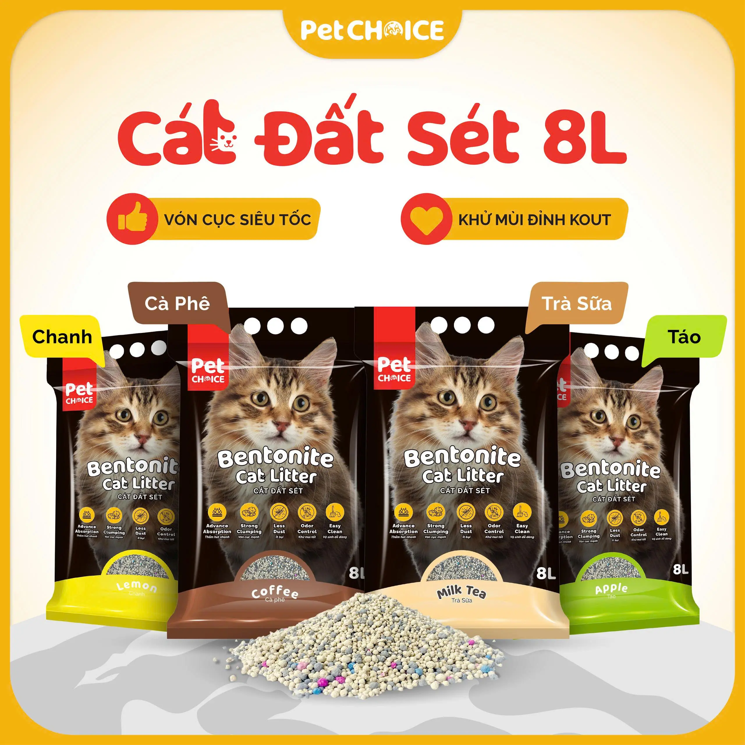 CÁT ĐẤT SÉT cho mèo, cát vệ sinh cho mèo PetChoice vón cục tốt, mùi thơm 3.8KG/8L
