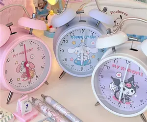 Kawaii Hello Kitty Sanrio jam Alarm BEKER WEKER Anime Cinnamoroll doraemon kartun lampu malam Desktop bisu Jam siswa hadiah Timer KRING anak Led