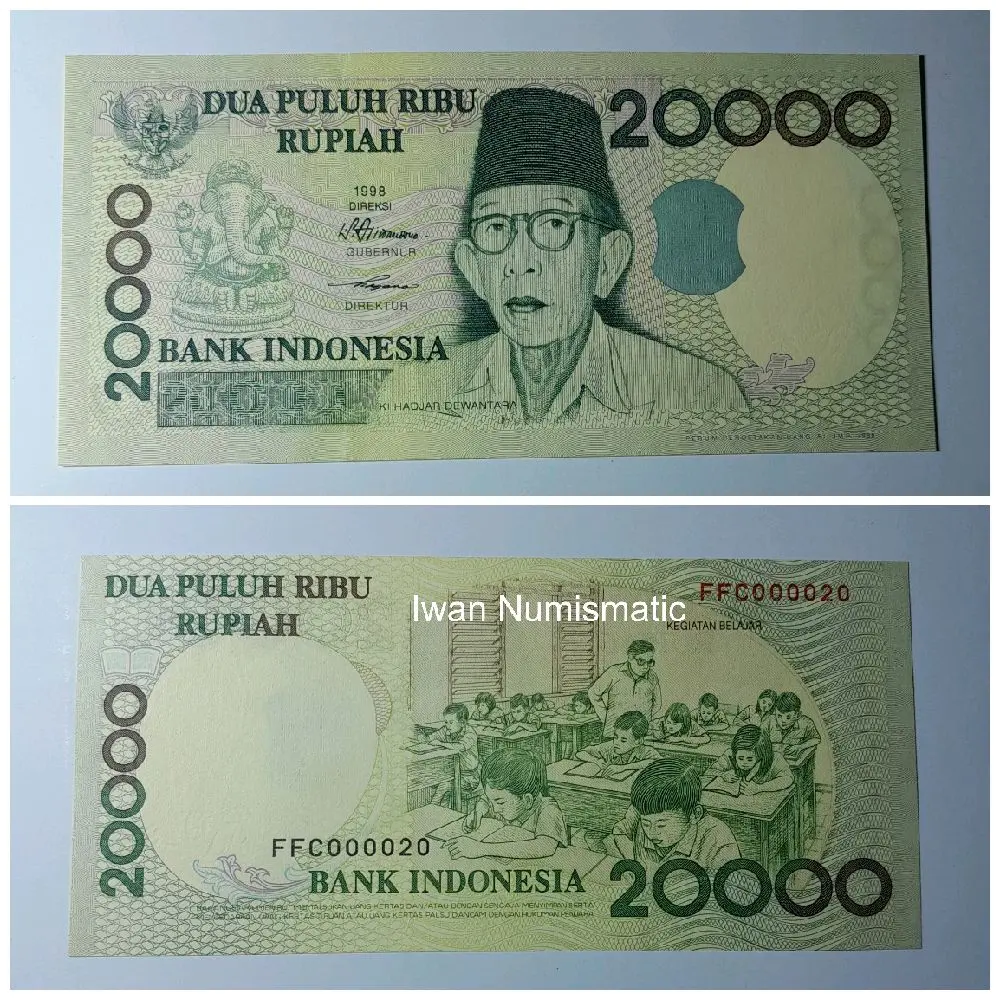 Koleksi Uang Kuno Low Number 000020 - 20000 Ki Hajar D 1998 aUNC Baru
