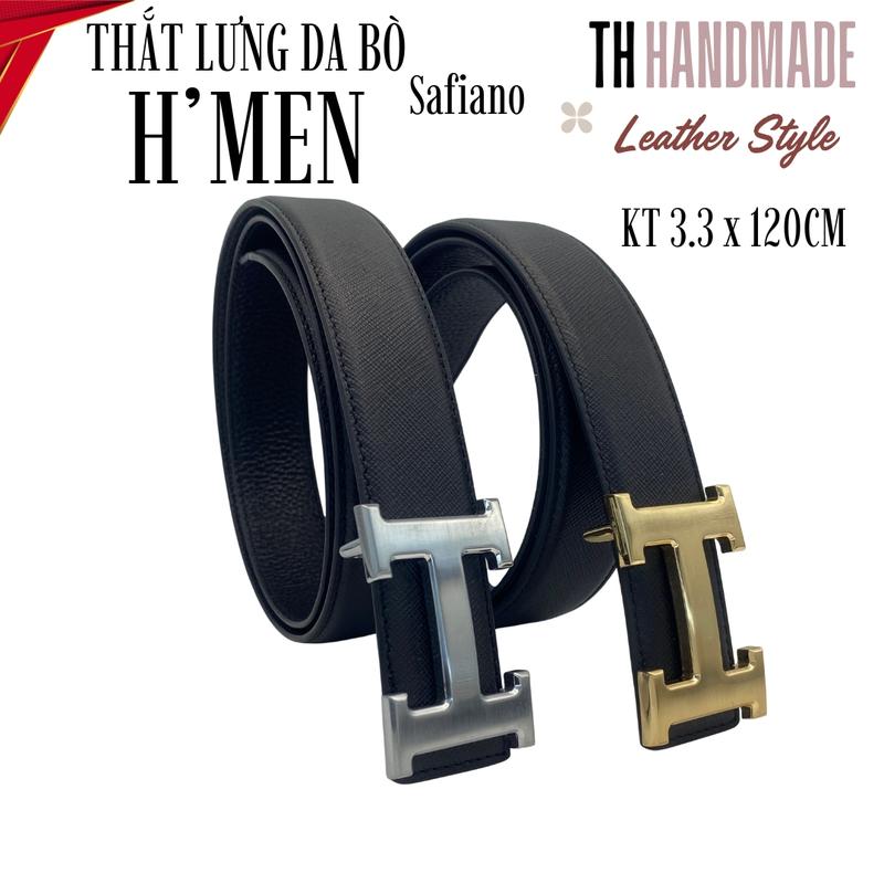 Thắt lưng nam H'MEN TH HANDMADE da bò thật vân Saffiano 3 lớp mặt chữ H dây kim TH HANDMADE bản 3.3cm dài 110-120cm bảo hành 2 năm tặng đinh đục