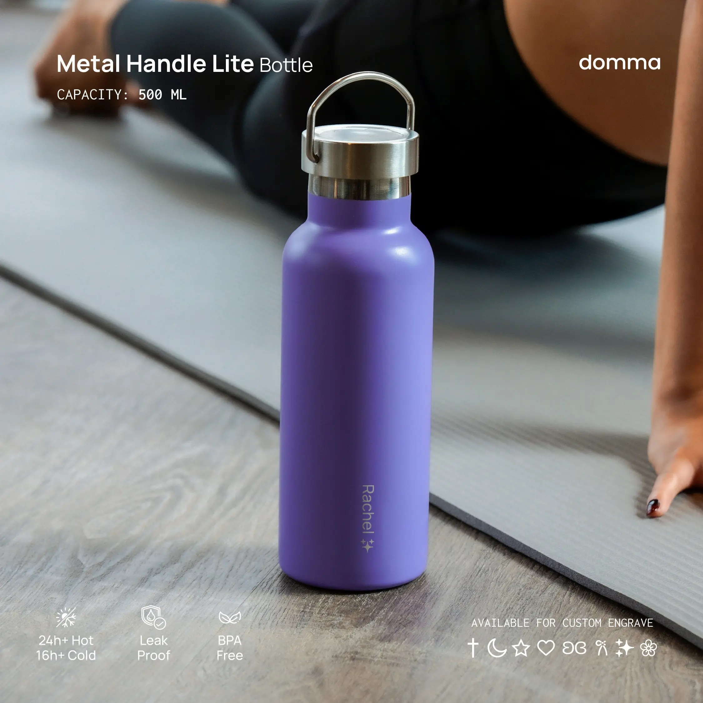 [Domma] CUSTOM ENGRAVE - 500 ml Metal Handle Lid Insulated Reusable Tumbler Water Bottle - Double Wall Stainless Steel Botol Minum Thermos Kopi Teh Hadiah Hampers Natal Lebaran Gift Vacuum