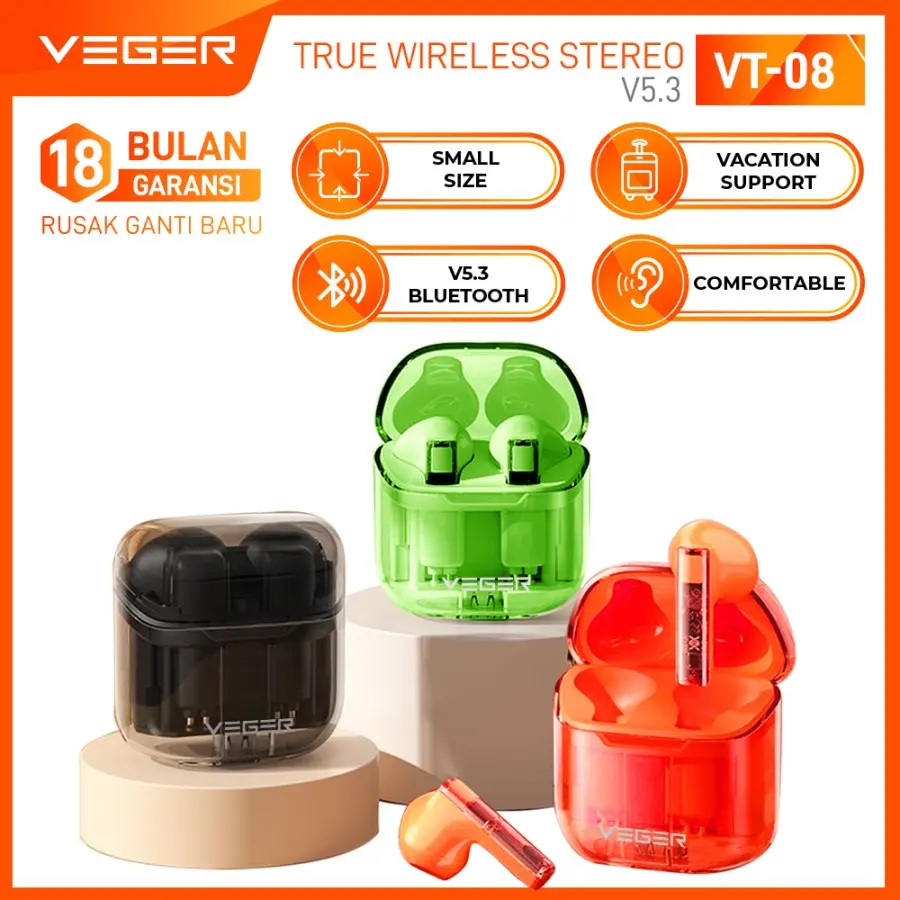 VEGER VT-08 TWS Headset Earphone Stereo Earbuds Bluetooth 5.3 True Wireless