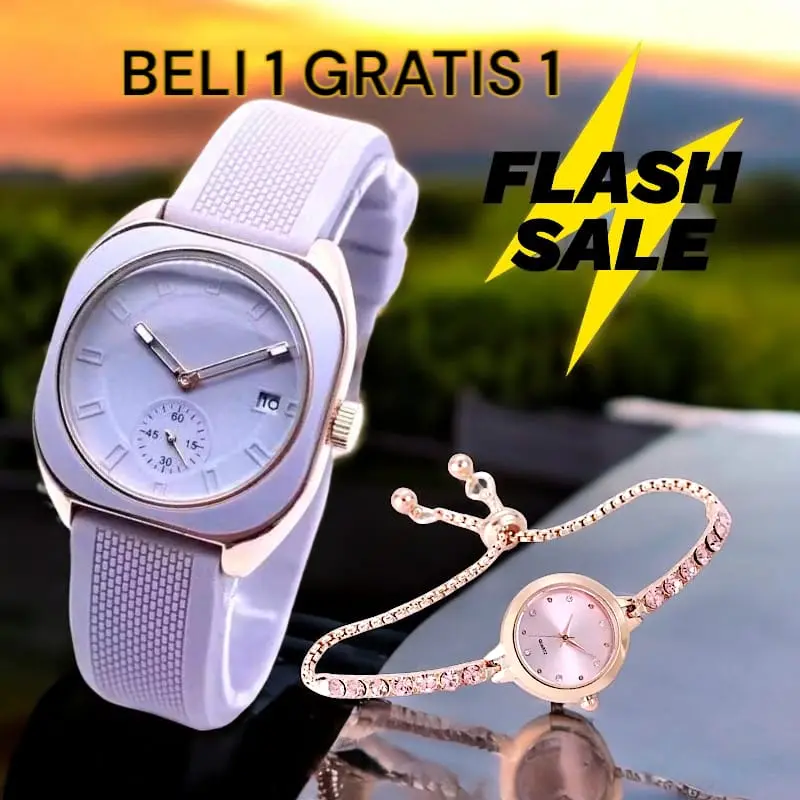 PROMO BELI 1 GRATIS 1 Jam Tangan Wanita Segi Terbaru Tali Rubber Free Jam Gelang Serut Analog Watches 6