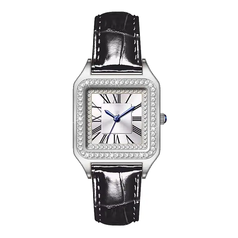 Fashion Women's Watch Luxury Diamonds Square Dial Belt Small Delicate Simple Quartz Wristwatch - Black