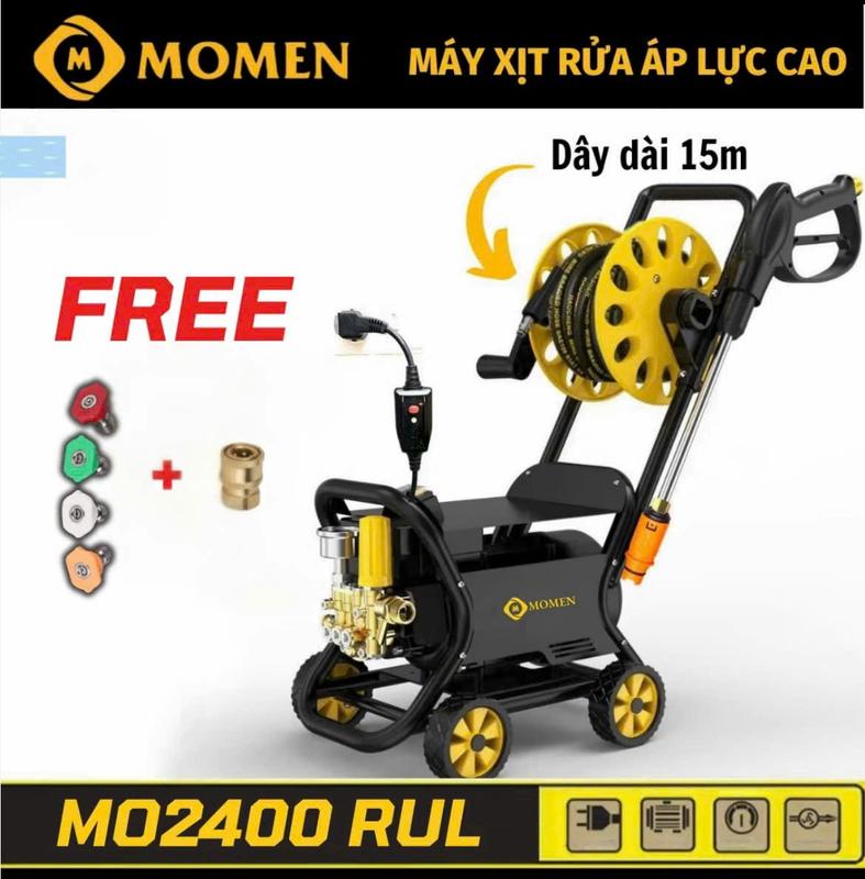  COMBO Máy Rửa Xe Bán Công Nghiệp Momen 2400 Siêu Mạnh  - Có Rulo Cuốn Dây Và Khung 4 Bánh Xe - Lõi Đồng - Dây Dài 15m +  Bộ 4 Béc Phun Chuyên Dụng 