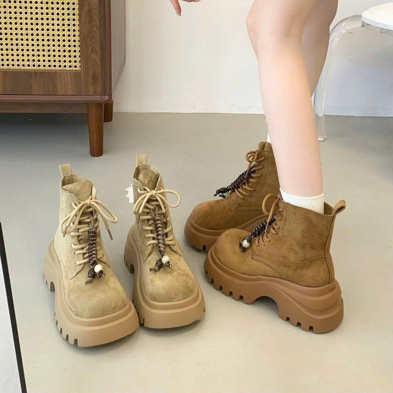 Giày đốc cao cổ da lộn có hai màu nâu kem va nâu bò nữ