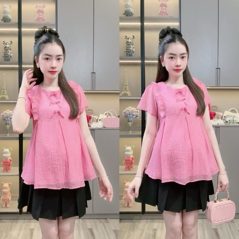 ẢNH THẬT 40 - 80kg Áo Bầu Xinh Áo Bầu 2 Lớp Công Sở Bèo Vai Nơ Mền Thanh Lịch Trẻ Trung