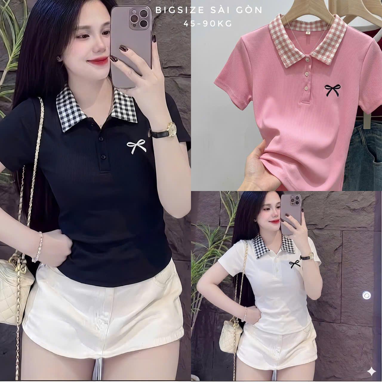 Thời Trang Bigsize Áo Thun Polo Cổ Caro Phối Thêu Nơ Cao Cấp Thanh Lịch Vải Thun Gân Tăm Bigsize Từ 45 - 90Kg Dễ Thương Top Nữ Women - B.1778