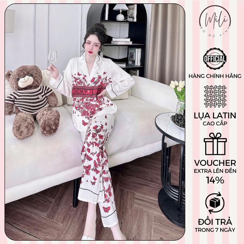 Đồ Bộ Pijama Nữ Big Size MiLi – Lụa Latin Cao Cấp, Áo Tay Dài Cổ Vuông Nhọn, Quần Dài Có Túi, Đồ Ngủ Xinh