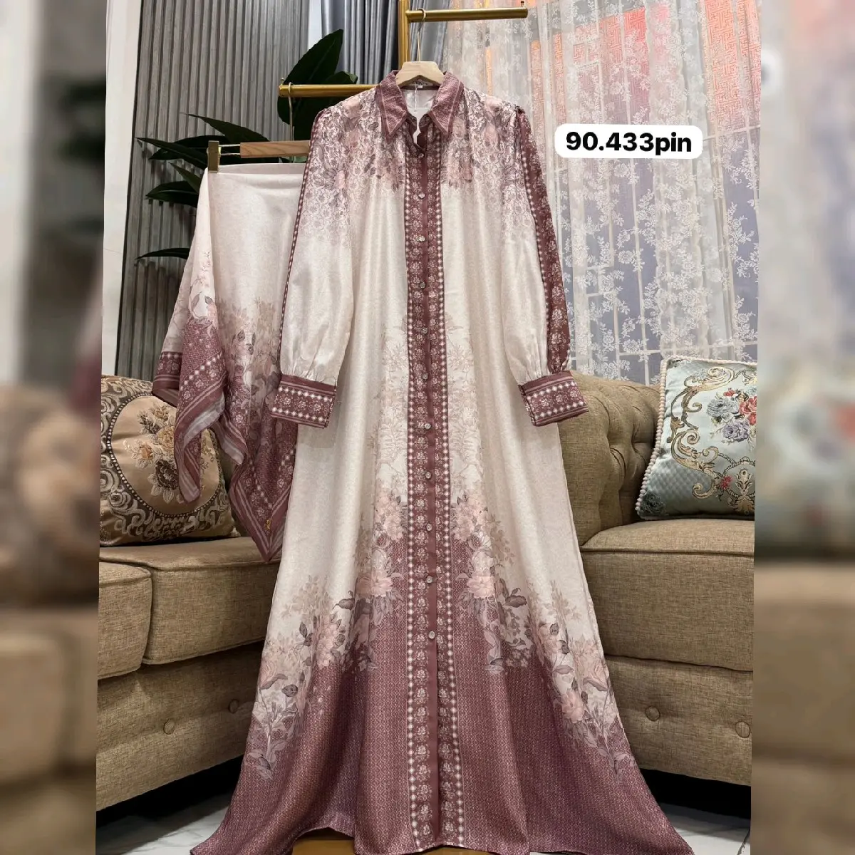 gamis set hijab cotton silky dress wanita muslim Digital Printing