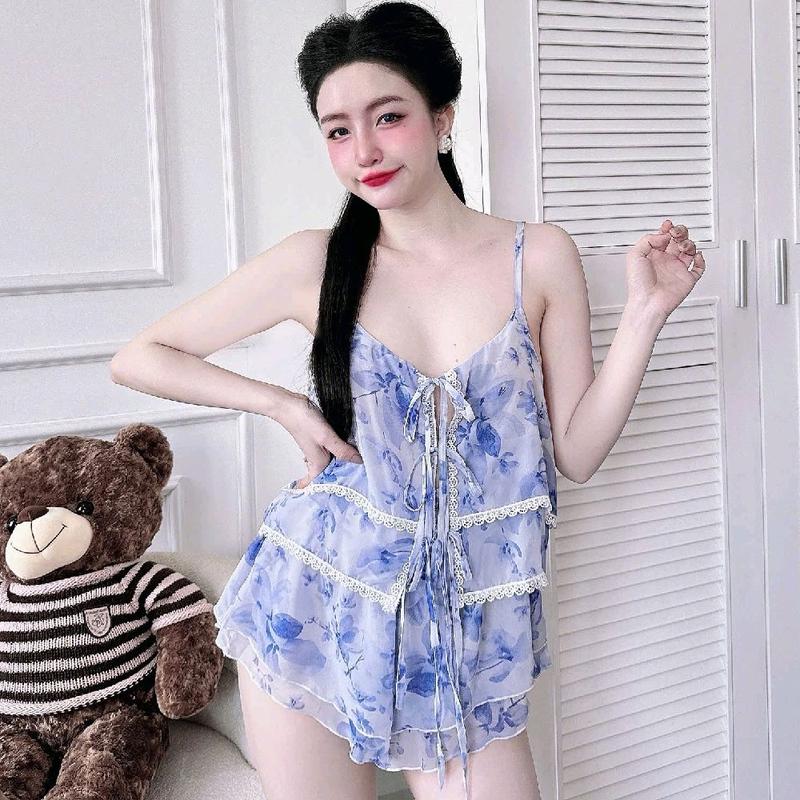 Đồ ngủ nữ áo 2 dây quần đùi xinh xắn Lụa Voan Có hoa mềm mặc mát Mùa hè Kem rose đồ pijama
