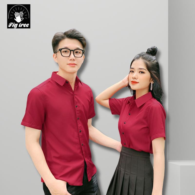 Aó Sơ Mi Nam Nữ , Cặp Đôi Fig tree - Aó Sơ Mi Tay Ngắn Thời Trang -5 Màu Cơ Bản Trắng, Đỏ , Xanh Rêu, Đen , Form Basic, Chất Cotton Trơn Mềm Mịn.