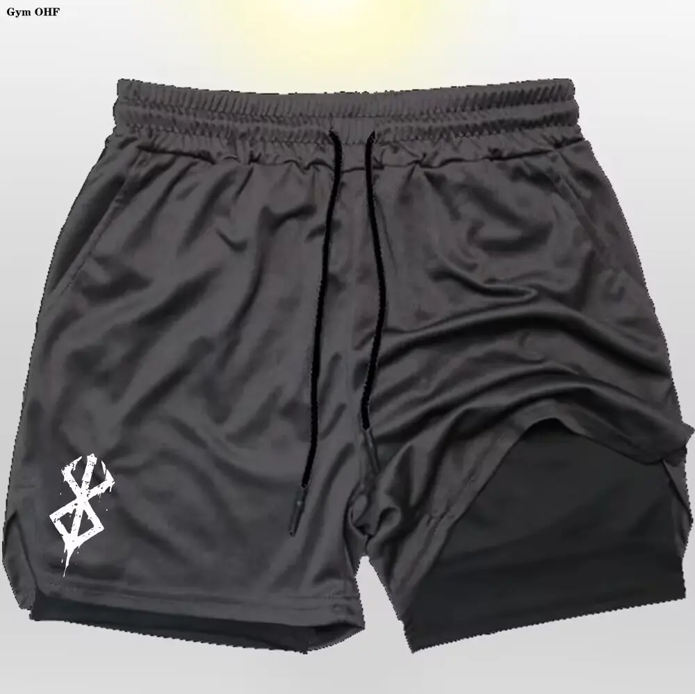Berserk-Men's Running Shorts Quick-Dry Fitness Double Layer Shorts Men Anime Sport Workout Training Bodybuilding Short Pants