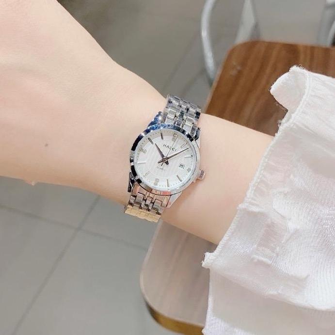 A52 Đồng hồ nữ HA mặt tròn basic lịch ngày, dây thép không gỉ size 28 đeo tay watch voi chống nước 3ATM A52