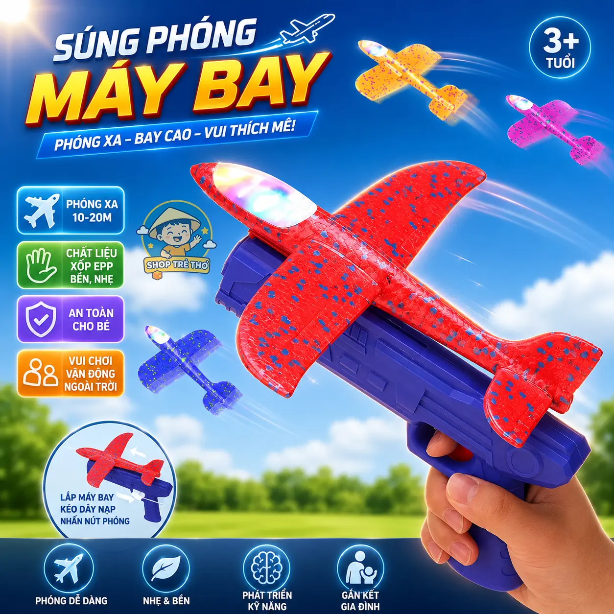 Đồ chơi phóng máy bay xốp có đèn - Đồ chơi vận động ngoài trời cho bé phát triển thể chất