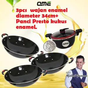 [WAJAN UNTUK PERMAISURI] QME- WAJAN ENAMEL KUPING SET 3 PCS TEFLON 34CM PENGGORENGAN ANTI LENGKET HITAM MARBLE QM-1134 Kitchenware