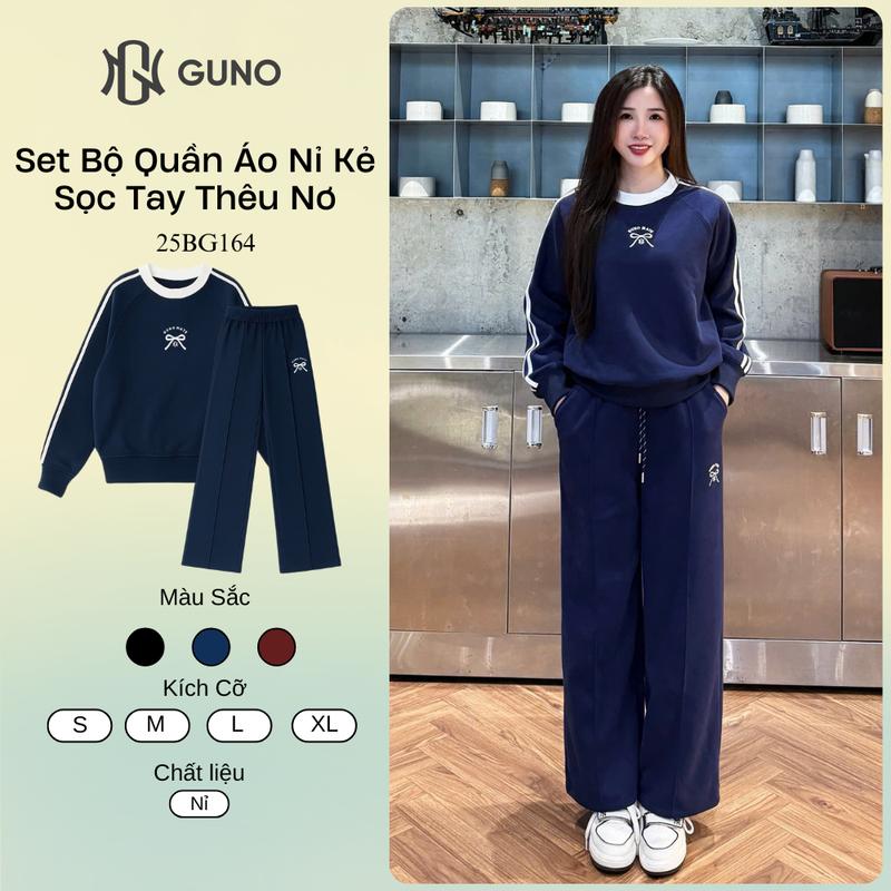 GUNO-Bộ quần áo nỉ NỮ GUNO THÊU NƠ 2 sọc tay quần suông SP5 |25BG164