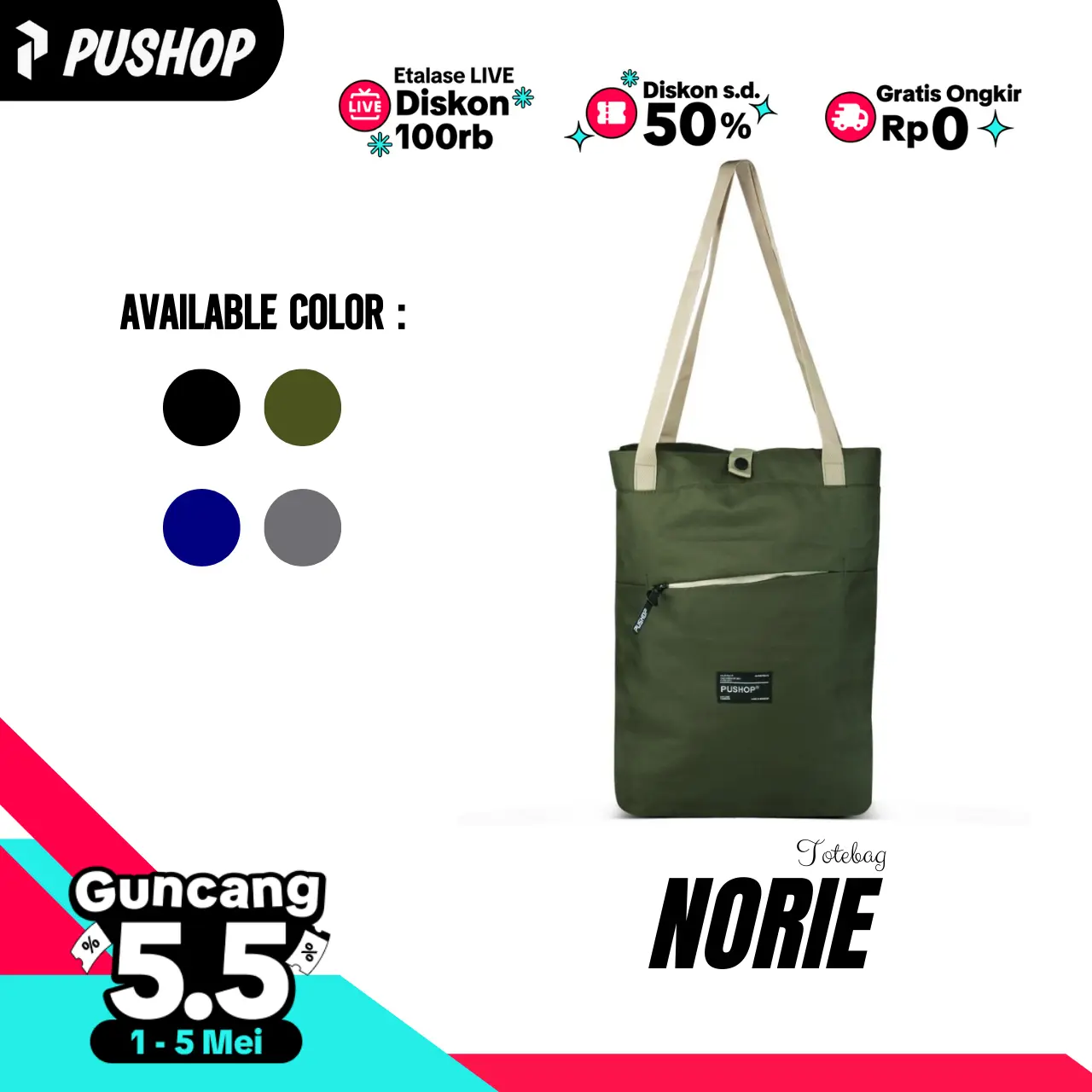 PUSHOP Totebag Wanita NORIE - Tas Jinjing Uniseks Cewek Cowok Tas Belanja Casual Polos